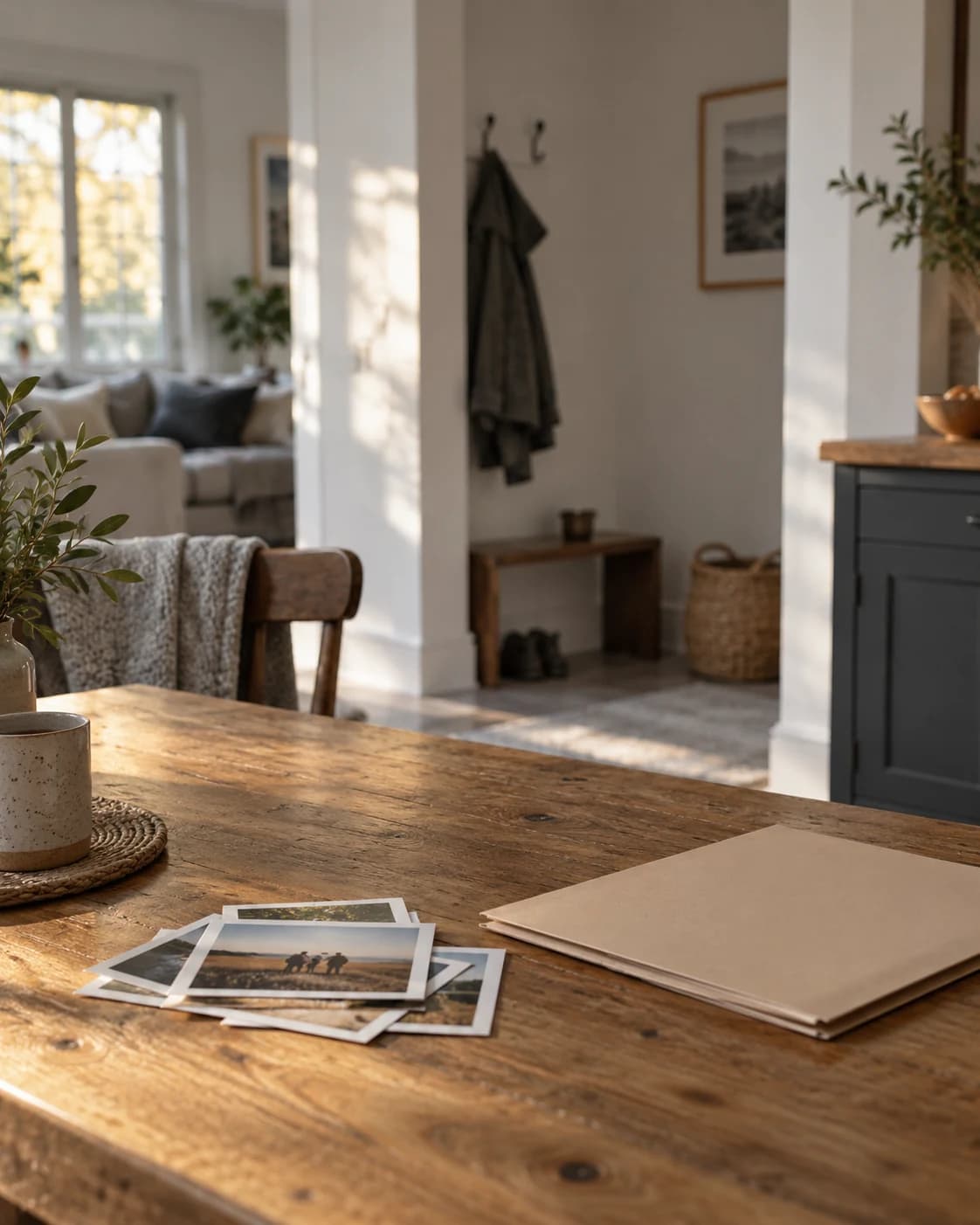 Family photographs and a folder gathered on a sunlit table at home.